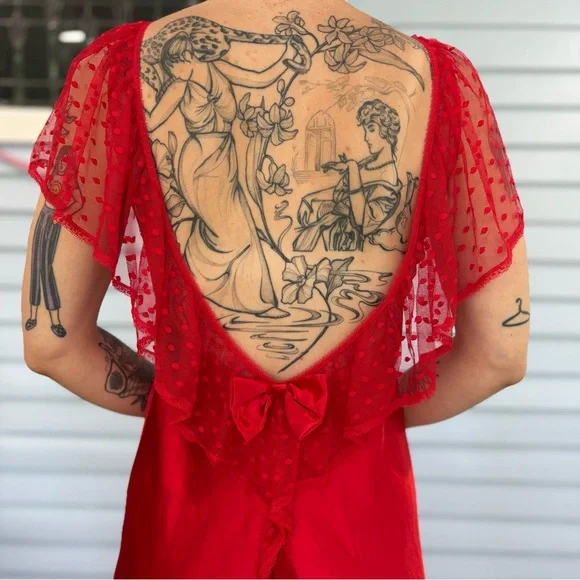 Vintage 80s Red Bias Cut Sheer Swiss Dot Flutter Sleeve Back Bow Nightgown - Picture 4 of 7